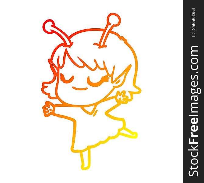 warm gradient line drawing of a smiling alien girl cartoon dancing