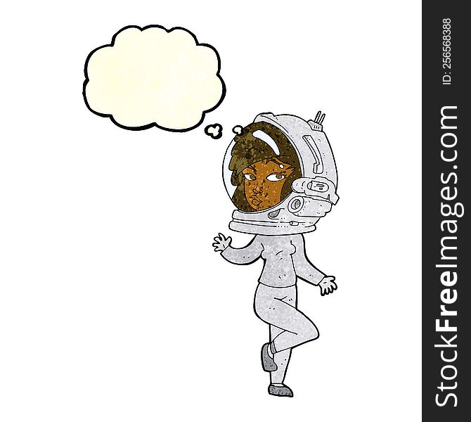 cartoon woman wearing space helmet with thought bubble