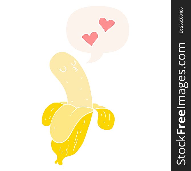 cartoon banana in love with speech bubble in retro style