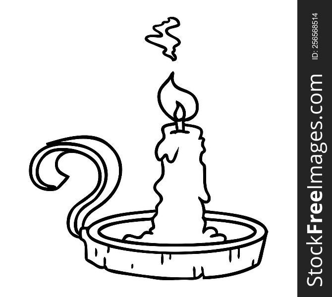 hand drawn line drawing doodle of a candle holder and lit candle