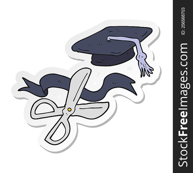 sticker of a cartoon scissors cutting ribbon at graduation
