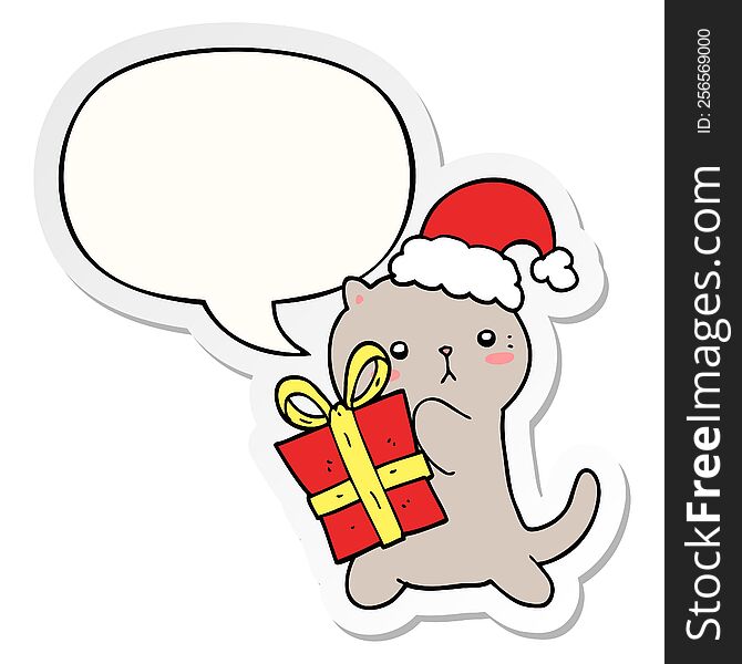 cute cartoon cat carrying christmas present with speech bubble sticker