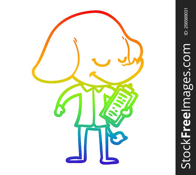 Rainbow Gradient Line Drawing Cartoon Smiling Elephant With Clipboard