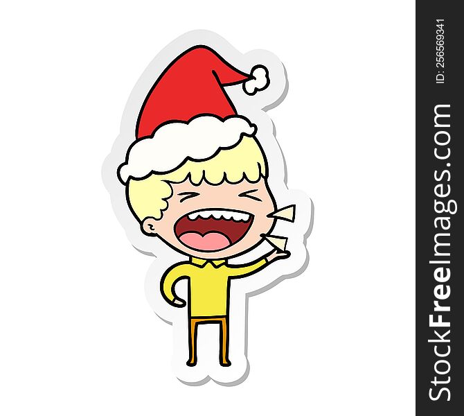 hand drawn sticker cartoon of a laughing man wearing santa hat