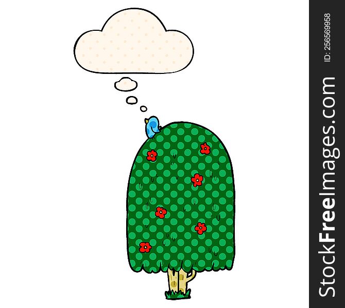 cartoon tall tree with thought bubble in comic book style