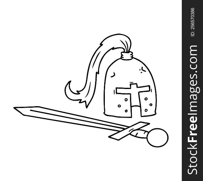 Line Drawing Doodle Of A Medieval Helmet And Sword