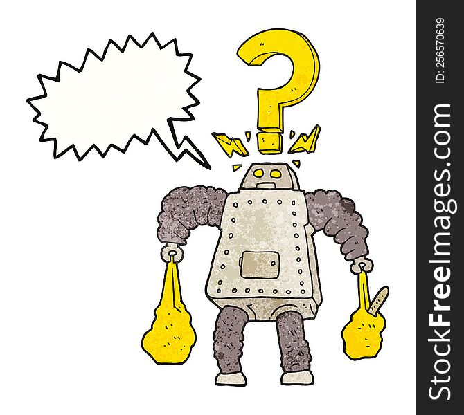 speech bubble textured cartoon confused robot carrying shopping