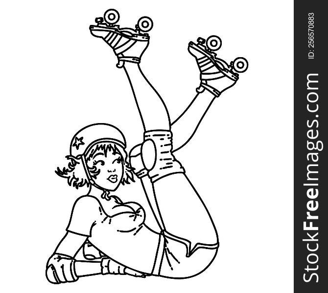 tattoo in black line style of a pinup roller derby girl. tattoo in black line style of a pinup roller derby girl