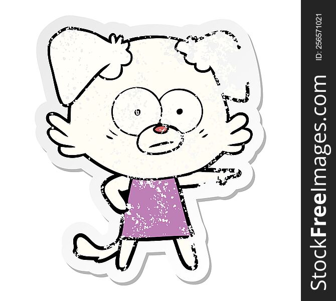 distressed sticker of a nervous cartoon dog in dress pointing