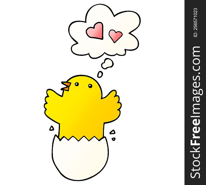 cute hatching chick cartoon with thought bubble in smooth gradient style