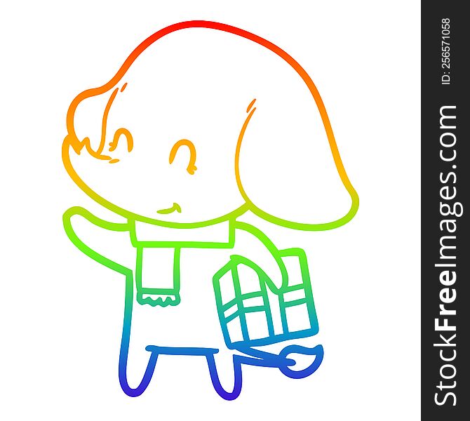 Rainbow Gradient Line Drawing Cute Cartoon Christmas Elephant