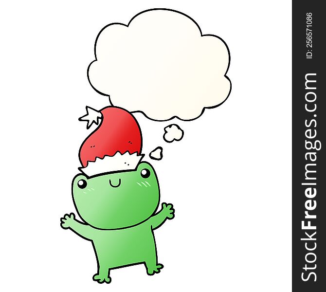 Cute Cartoon Frog Wearing Christmas Hat And Thought Bubble In Smooth Gradient Style