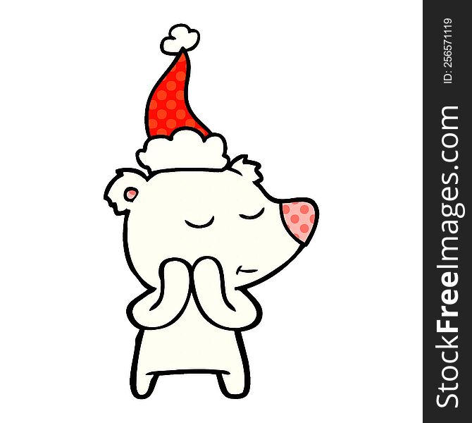 happy hand drawn comic book style illustration of a polar bear wearing santa hat
