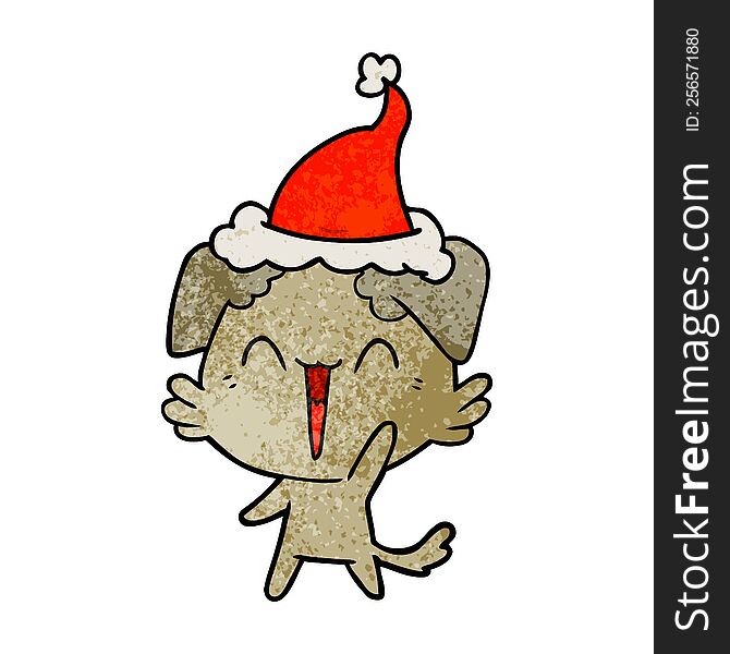 happy little dog hand drawn textured cartoon of a wearing santa hat. happy little dog hand drawn textured cartoon of a wearing santa hat