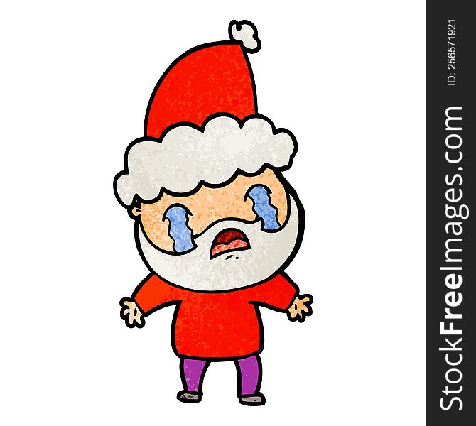 hand drawn textured cartoon of a bearded man crying wearing santa hat