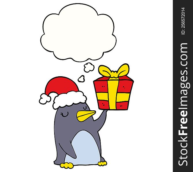 Cartoon Penguin With Christmas Present And Thought Bubble