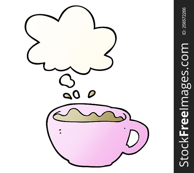 cartoon coffee cup and thought bubble in smooth gradient style