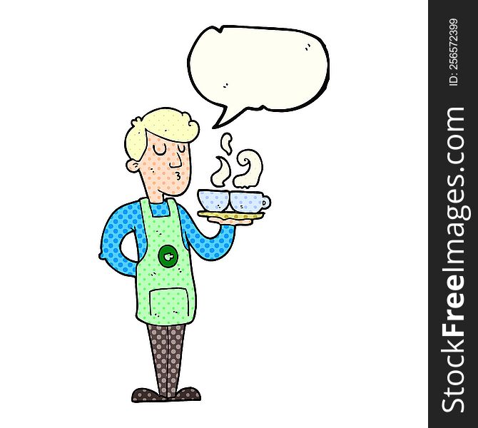 Comic Book Speech Bubble Cartoon Barista Serving Coffee