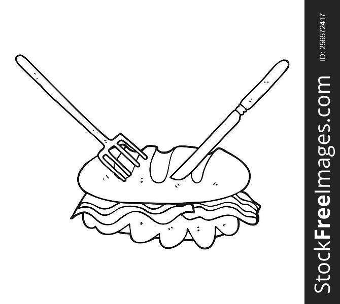 Black And White Cartoon Knife And Fork Cutting Huge Sandwich