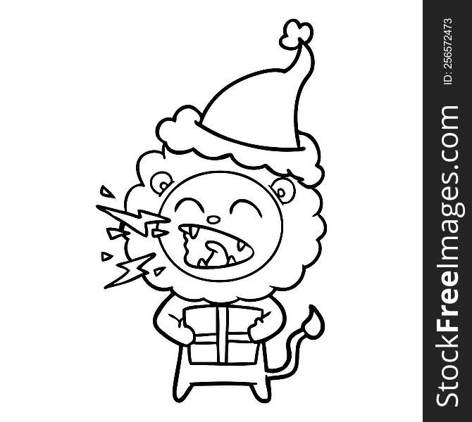 hand drawn line drawing of a roaring lion with gift wearing santa hat