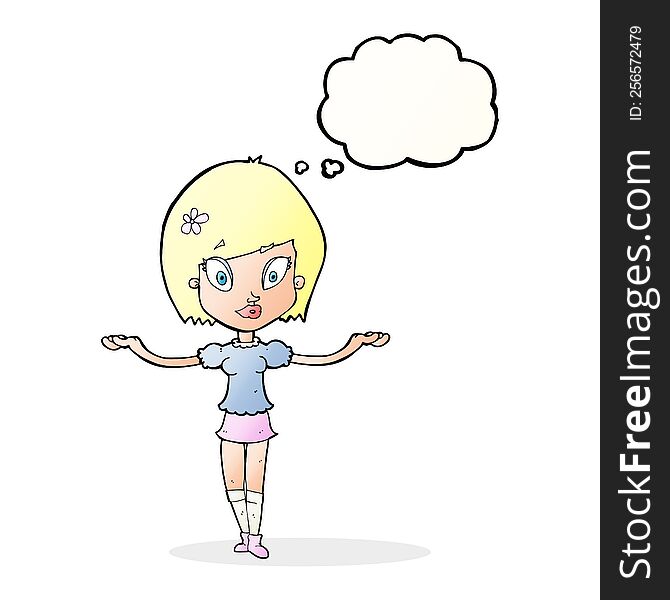 cartoon woman making balancing gesture with thought bubble
