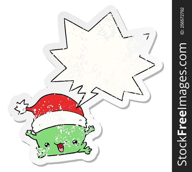 cute cartoon christmas frog and speech bubble distressed sticker