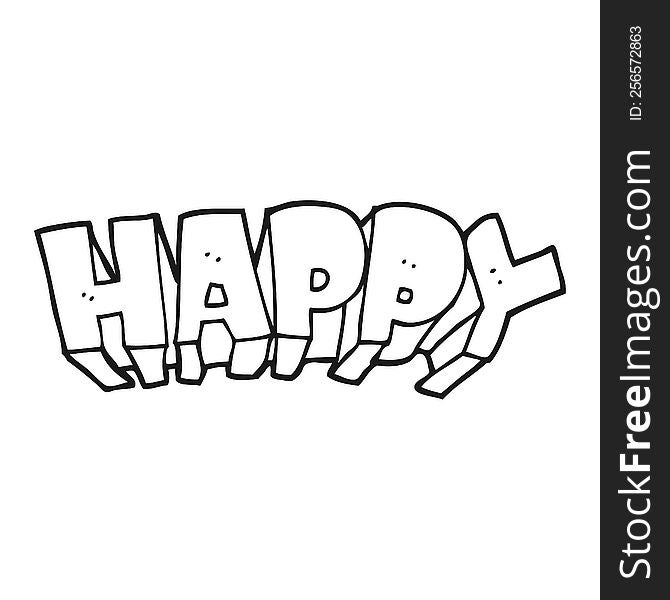 black and white cartoon word happy