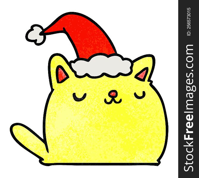 hand drawn christmas textured cartoon of kawaii cat