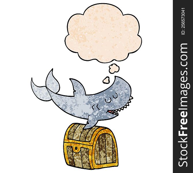 Cartoon Shark Swimming Over Treasure Chest And Thought Bubble In Grunge Texture Pattern Style