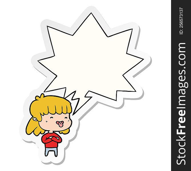 Cartoon Girl Sticking Out Tongue And Speech Bubble Sticker