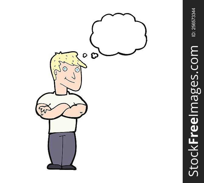 cartoon muscular man with thought bubble