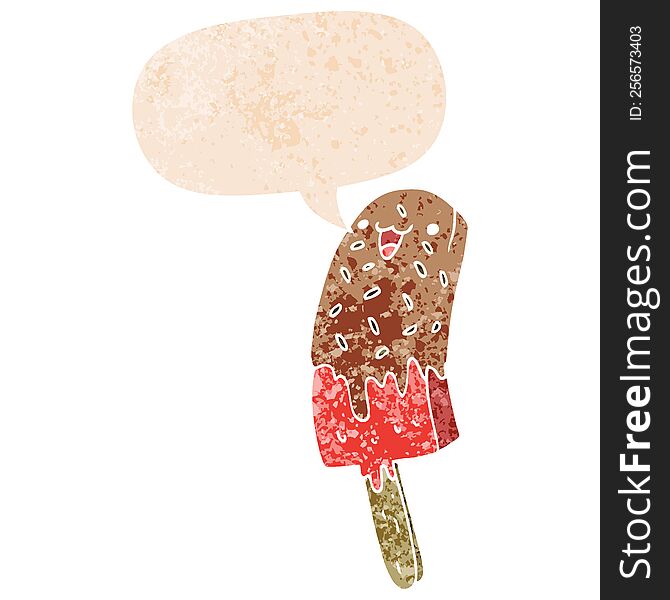 Cute Cartoon Happy Ice Lolly And Speech Bubble In Retro Textured Style