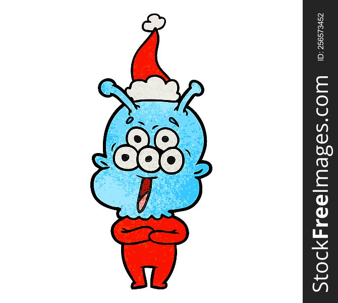 Happy Textured Cartoon Of A Alien Wearing Santa Hat