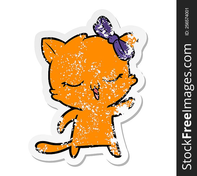 Distressed Sticker Of A Cartoon Cat With Bow On Head