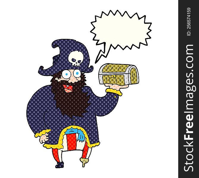 freehand drawn comic book speech bubble cartoon pirate captain with treasure chest