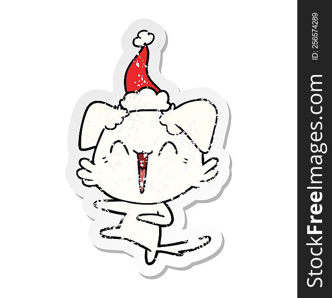 Happy Dancing Dog Distressed Sticker Cartoon Of A Wearing Santa Hat