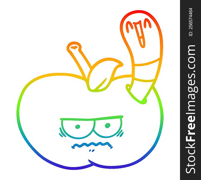 rainbow gradient line drawing of a cartoon worm eating an angry apple