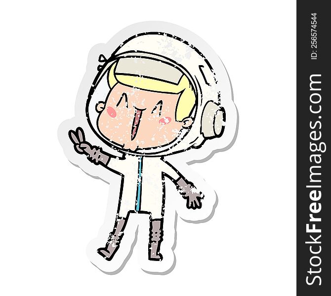 distressed sticker of a happy cartoon astronaut giving peace sign