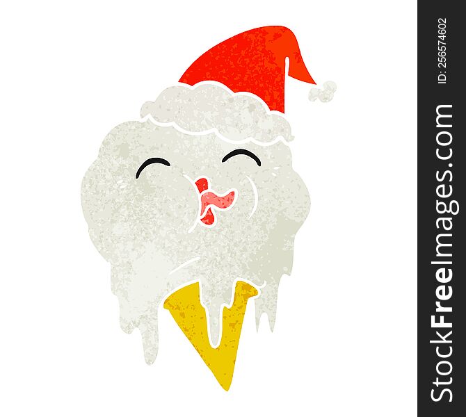 retro cartoon of a melting ice cream wearing santa hat