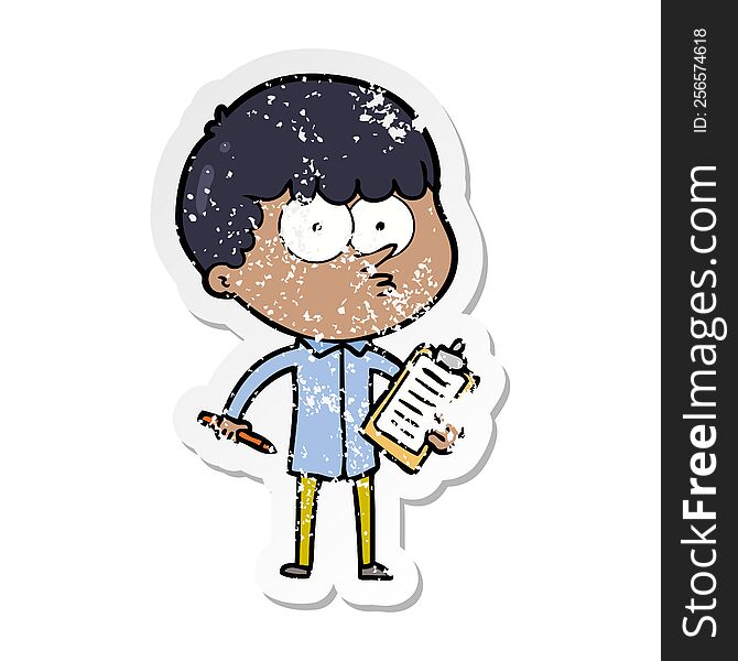 distressed sticker of a cartoon curious boy taking notes