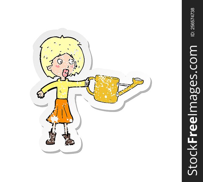 retro distressed sticker of a cartoon woman with watering can