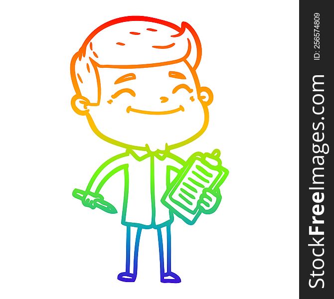 rainbow gradient line drawing of a happy cartoon man taking survey