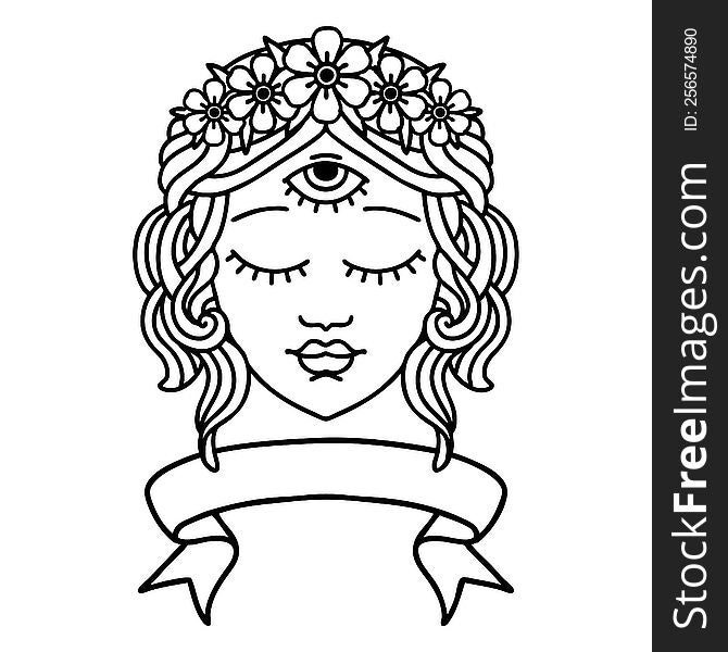 traditional black linework tattoo with banner of female face with third eye and crown of flowers