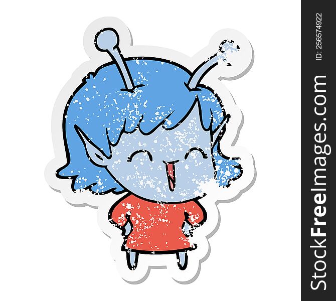 Distressed Sticker Of A Cartoon Happy Alien Girl