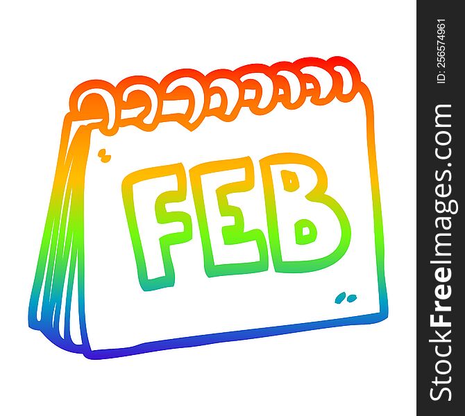 rainbow gradient line drawing cartoon calendar showing month of February