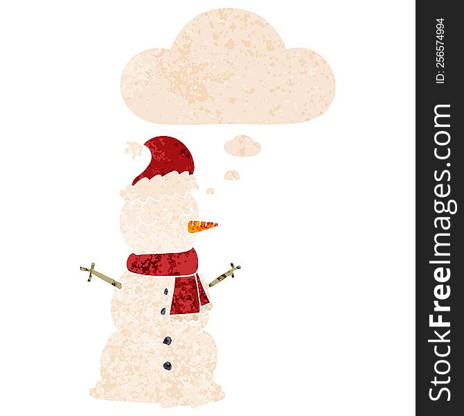 Cartoon Snowman And Thought Bubble In Retro Textured Style
