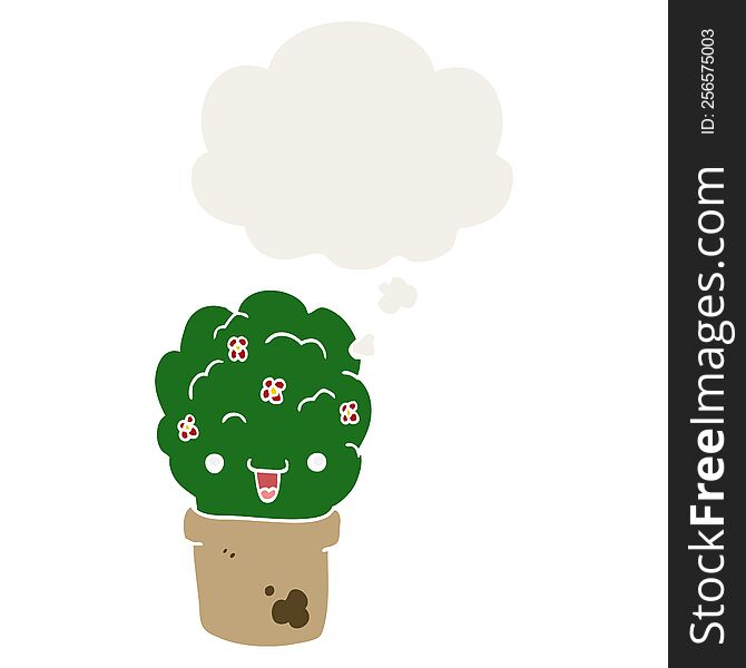 cartoon shrub in pot with thought bubble in retro style