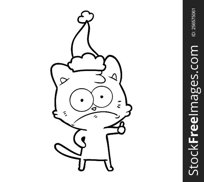 Line Drawing Of A Nervous Cat Wearing Santa Hat