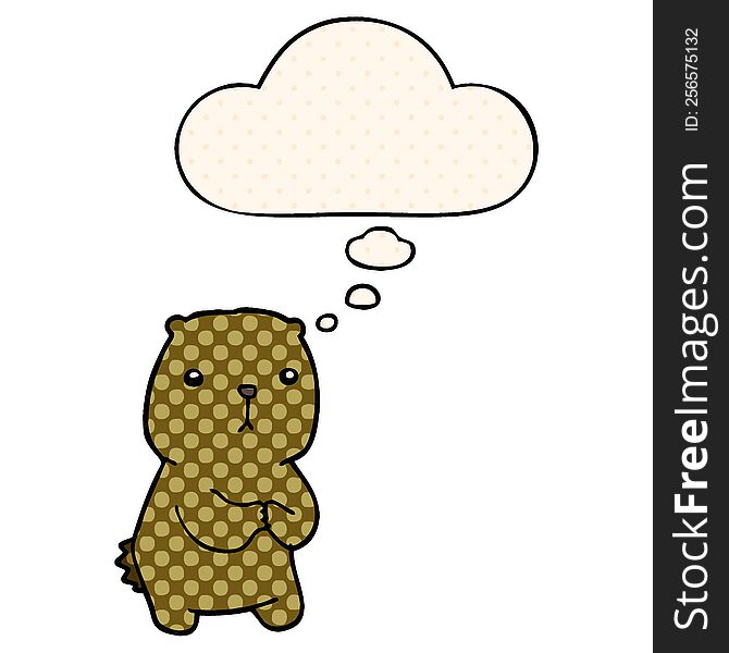 cartoon worried bear with thought bubble in comic book style