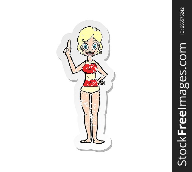 Retro Distressed Sticker Of A Cartoon Woman In Striped Swimsuit